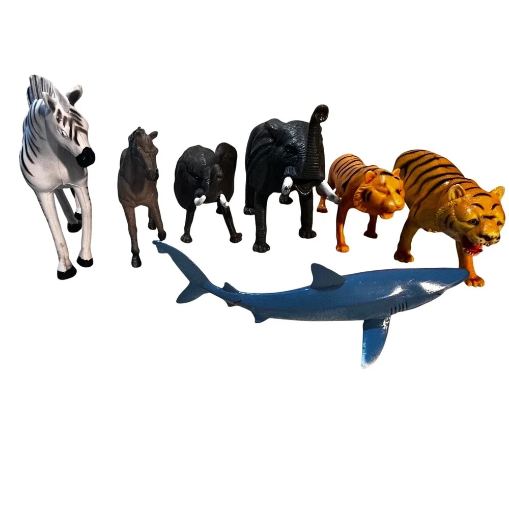 7pc Animal Figurine Set Multicolor Zebra Elephant Tiger Shark Horse